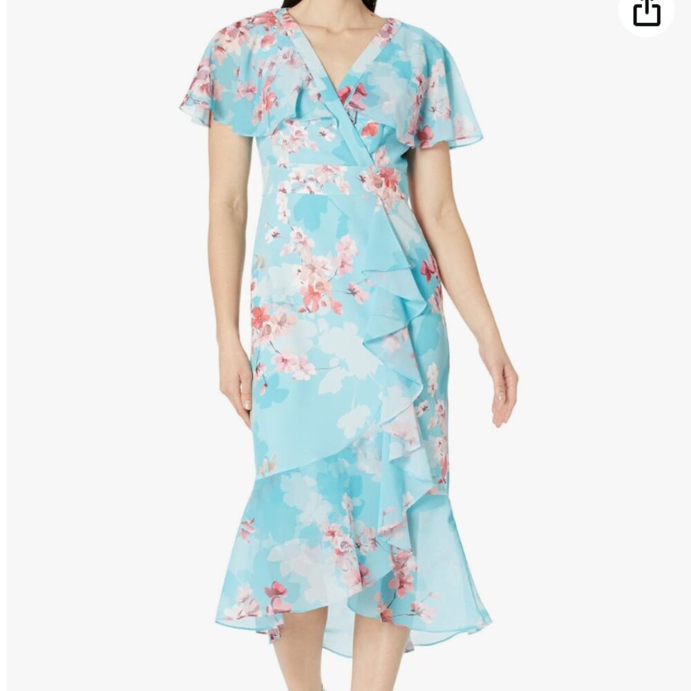 Printed Floral Flutter Sleeve Dress with Cascade & Ruffle Hem